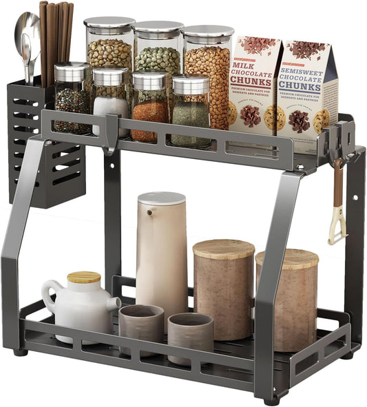 Spice Organizer,2 Tier Spice Rack Organizer for Countertop,Standing Seasoning Organizer,Kitchen Countertop Organizers and Storage Shelf,Black