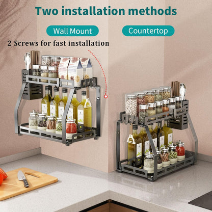 Spice Organizer,2 Tier Spice Rack Organizer for Countertop,Standing Seasoning Organizer,Kitchen Countertop Organizers and Storage Shelf,Black